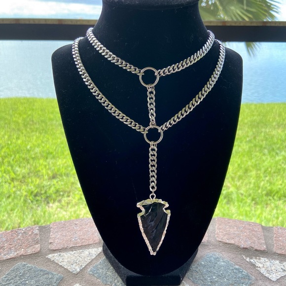 Thick stainless steel chocker obsidian arrow charm - Picture 1 of 13